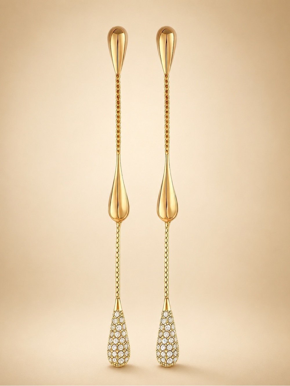 Anthropologie Gold Teardrop Chain Earrings with Crystal Accents